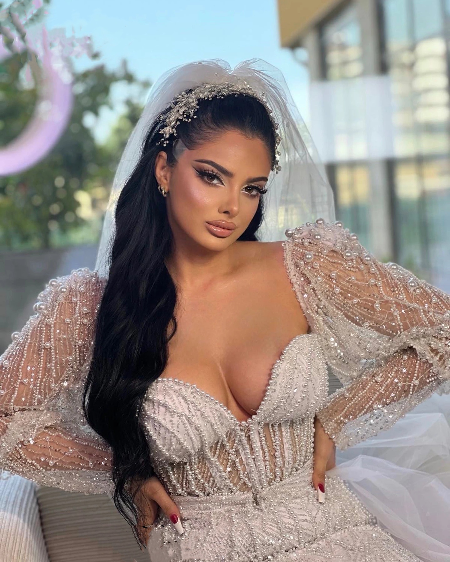 Gracefu Wedding Dresses Pearls Sequins Bridal Gowns with Detachable Train Beading Long Sleeves Mermaid Customized Bride Vestidos De Novia Plus Size