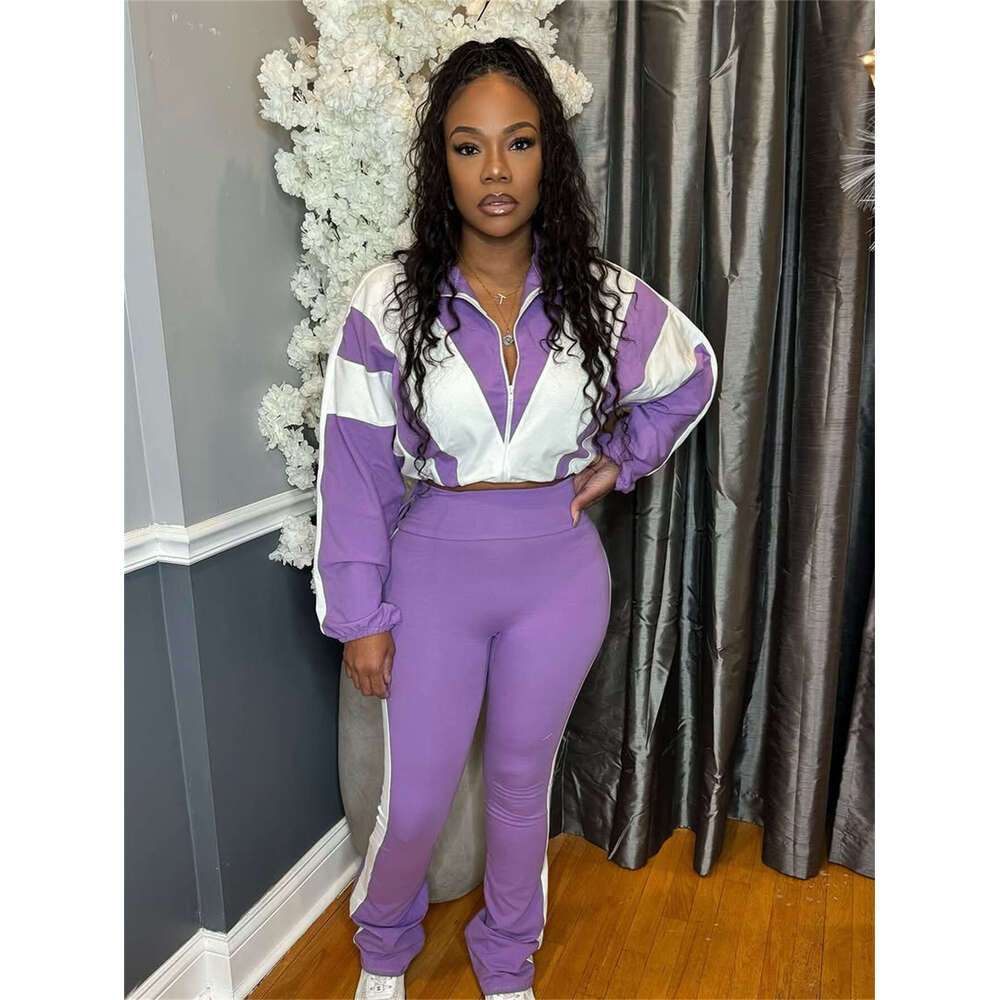 Loose Casual Street Fashion Color-Block Zipper Jacket And Pants Sports Set For Women B5