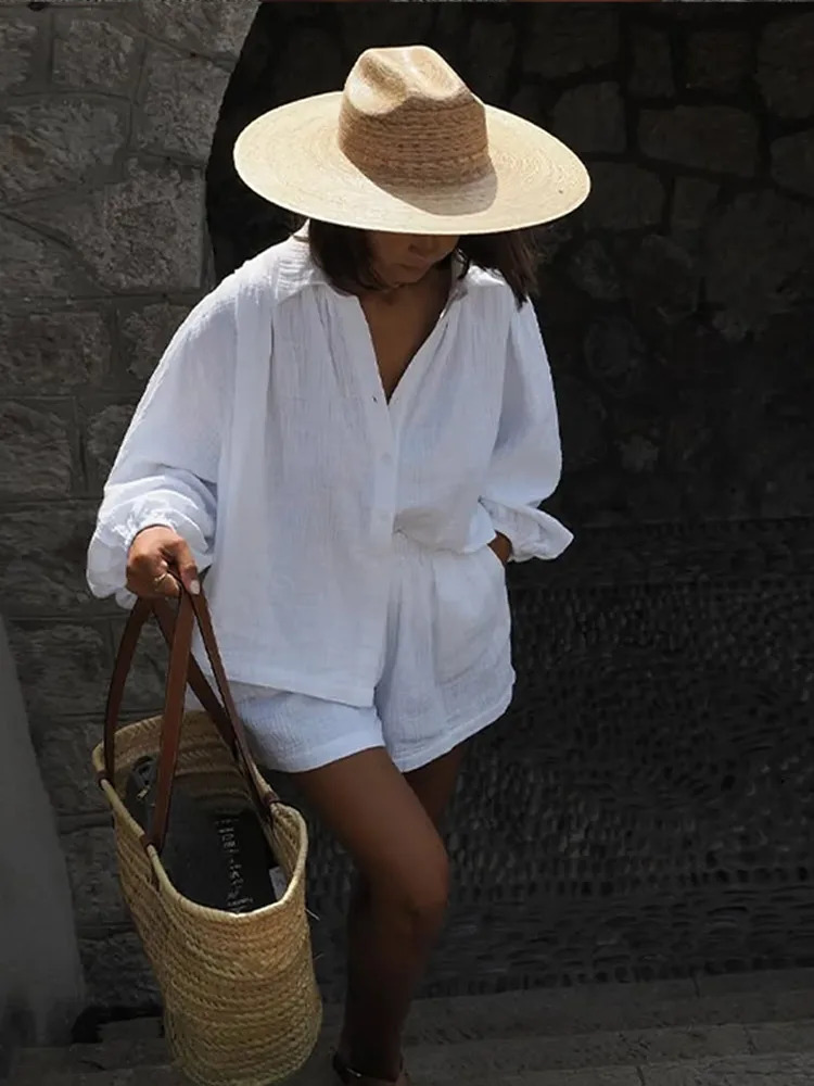 Solid Cotton Linen Button Shirt Set For Women Casual Elastic Waist Wide Leg Short Pants Suit 2025 Summer Daily Commute Outfit 250614