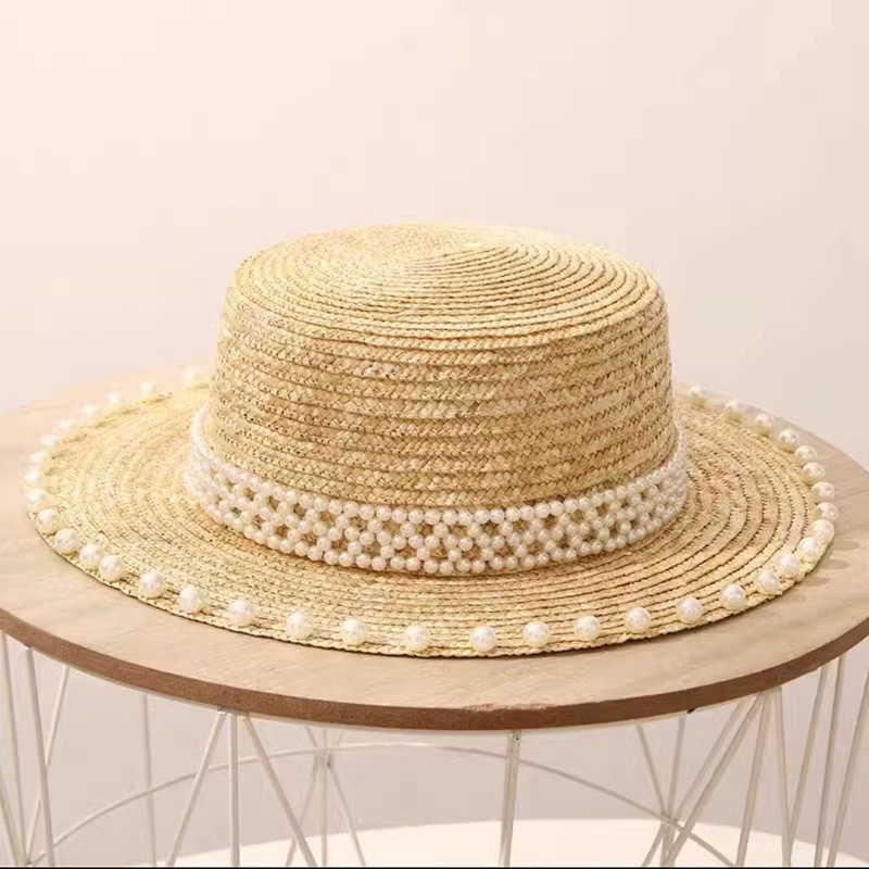 Japanese Internet Celebrity Pearl Straw Hat for Women Summer Beach Sunshade Sun Protection Sun Hat Travel Vacation Flat Top Hat 250615