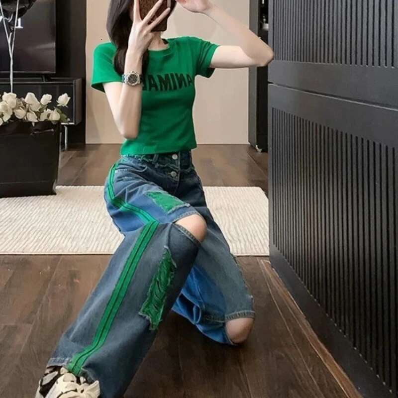 With Holes Female Cowboy Pants Wide Leg Womens Jeans Korean Popular Clothes Japanese Y2k 2000s Trend 2025 Pant Grunge Trousers