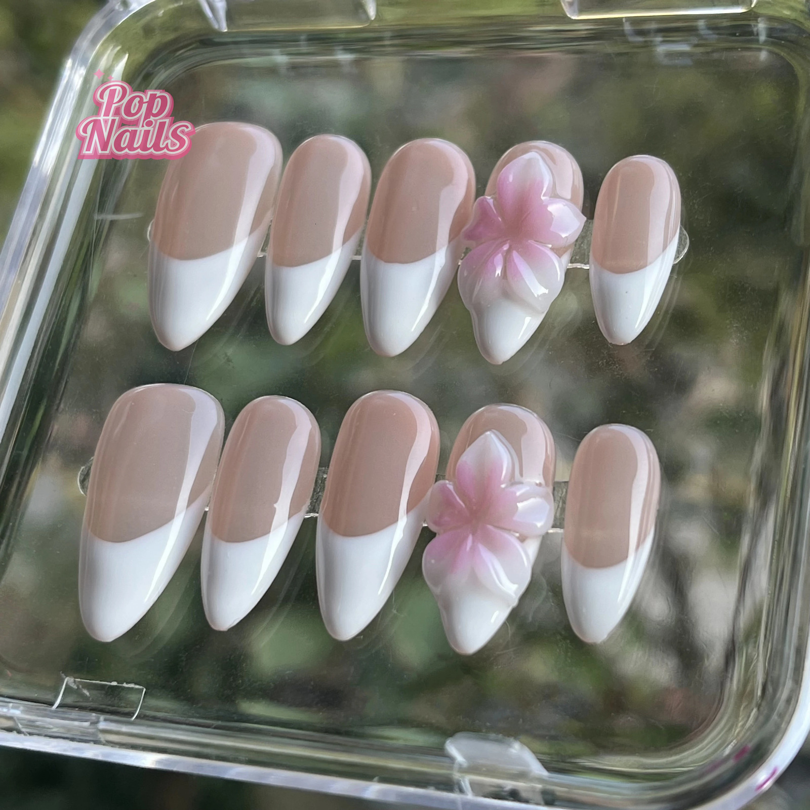 Cute Pink Flower French Tip Nails Acrylic Press Ons Wholesale Custom Short 3D Nail Art Flowers White Almond Gel Press on Nails 250612