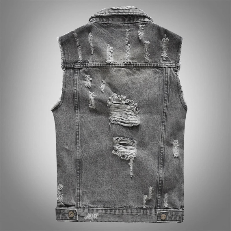 Mens gray holes ripped jean vest Slim sleeveless fringe denim tank top Fashion waistcoat 250614