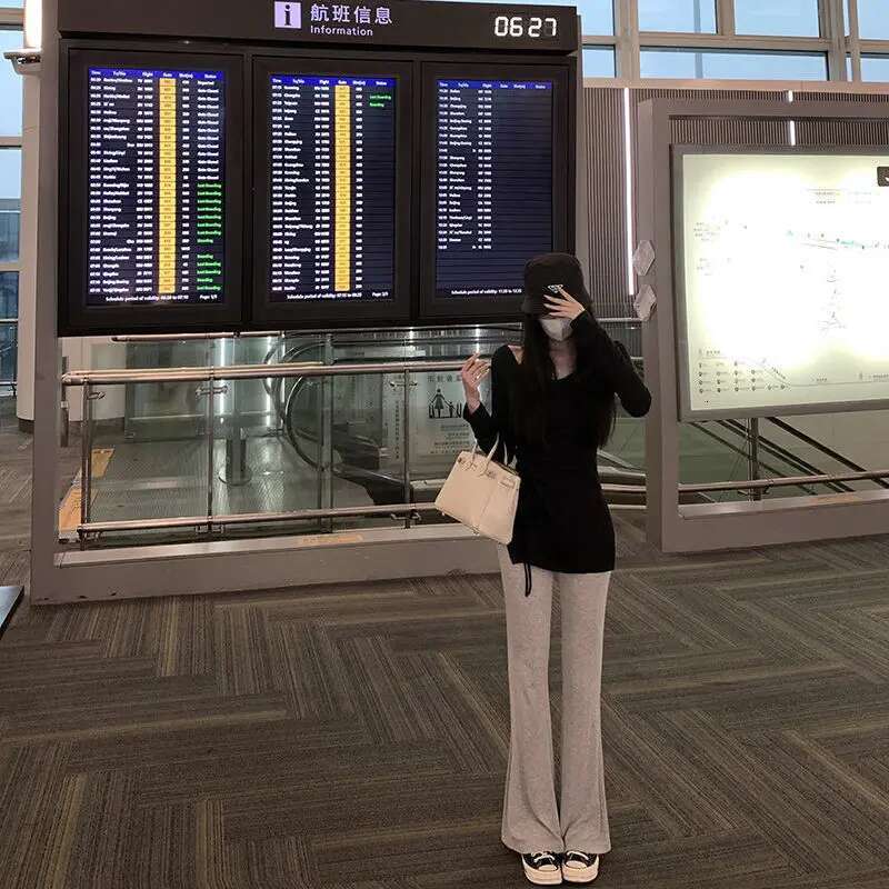 Clothing Sexy Flare Womens Pants Solid Trousers Woman Pink Elastic Waist Outfits Casual Summer G New In Vintage Aesthetic 90s