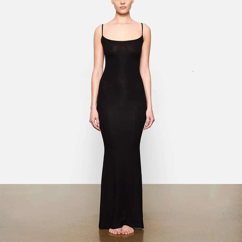 Designer Dresses for Women Womens Dresses N712 Summer New 2025 Solid Color Square Neck Strap Knitted Long Dress Slim Fit Slimming Tight Bodycon