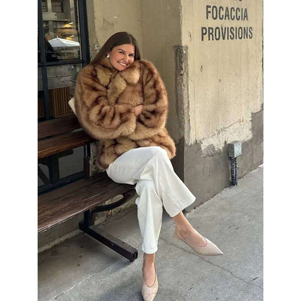 Gold Dyed Pointy Faux Fur Coat Suit Collar Fluffy Short Overcoat Vintage Thickened Warm Loose Fashion Women's Outwear Top Winter