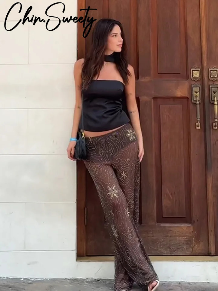 Fashion Beading See Through Women Pant Elastic Waist Wide Leg Brown Trousers Female 2025 Spring Summer Lady Loose Outwear 250616
