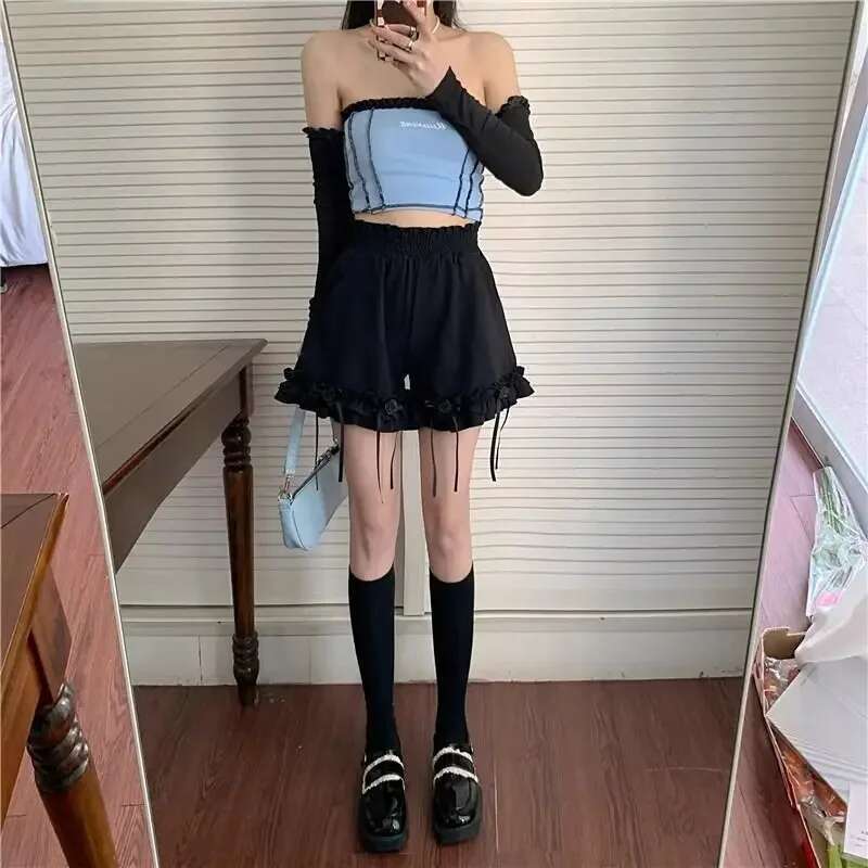 High Waist Wide Woman Short Pants Shorts for Women Black Ruffle Harajuku Fashion 2000s Clothes Y2k Jorts Normal Classic XL Hot