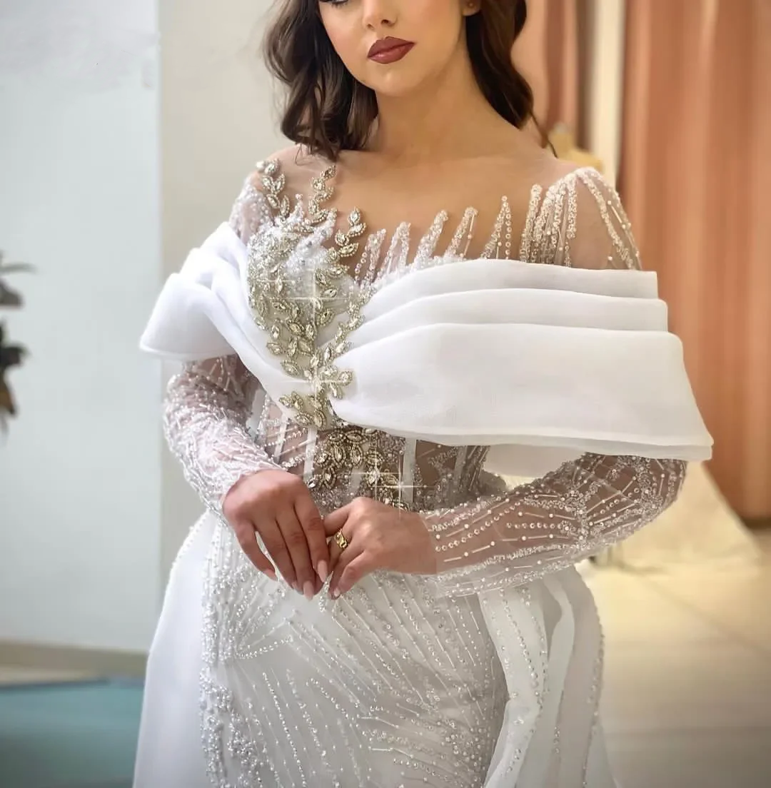 Gorgeous Wedding Dresses Crystal Beading Bridal Gowns with Overskirt Mermaid Rhinestone Shiny Customized Bride Vestidos De Novia Plus Size