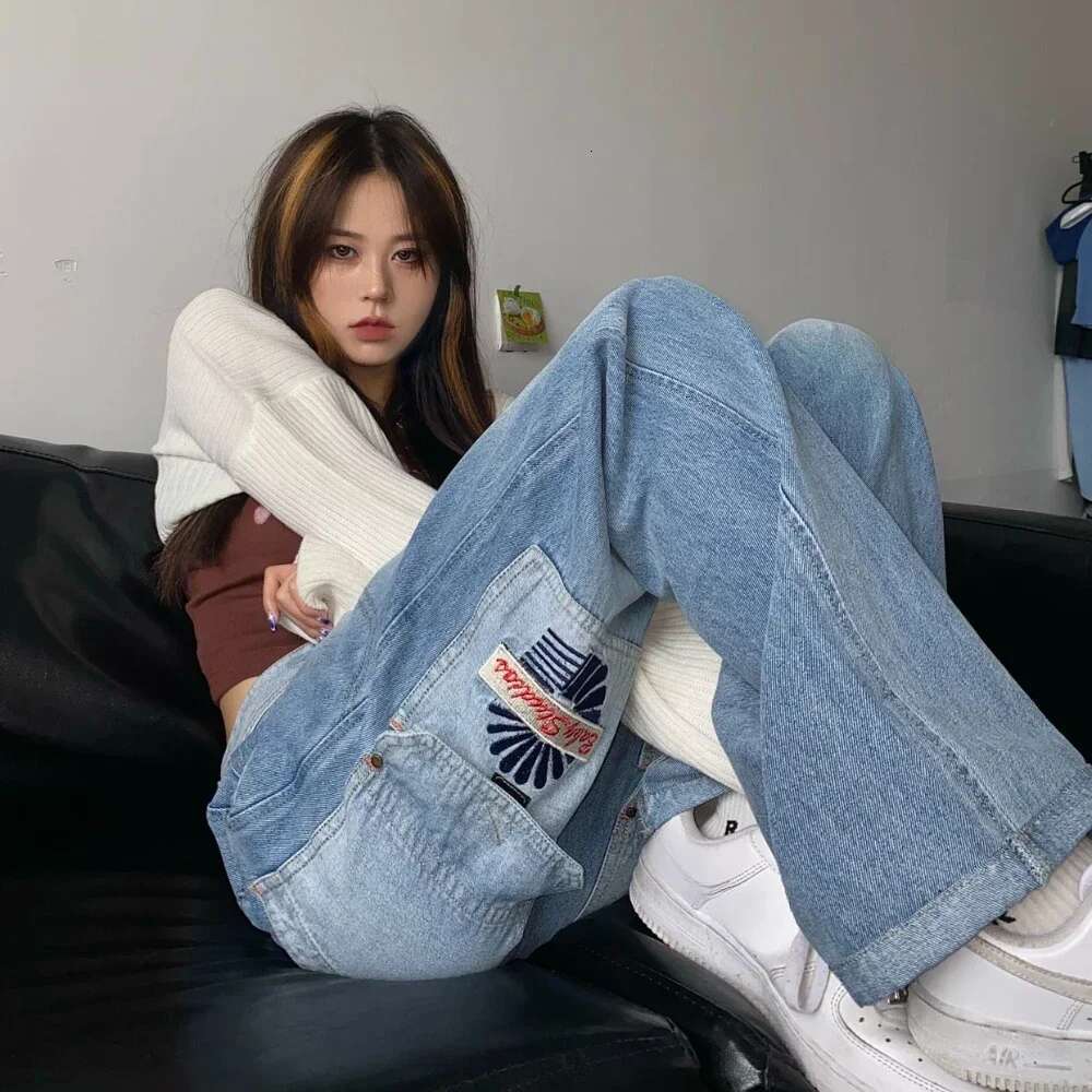 Pants for Women Letter Embroidered with Pockets Straight Leg High Waist Shot Womens Jeans Blue Trousers Streetwear Hippie Fitted
