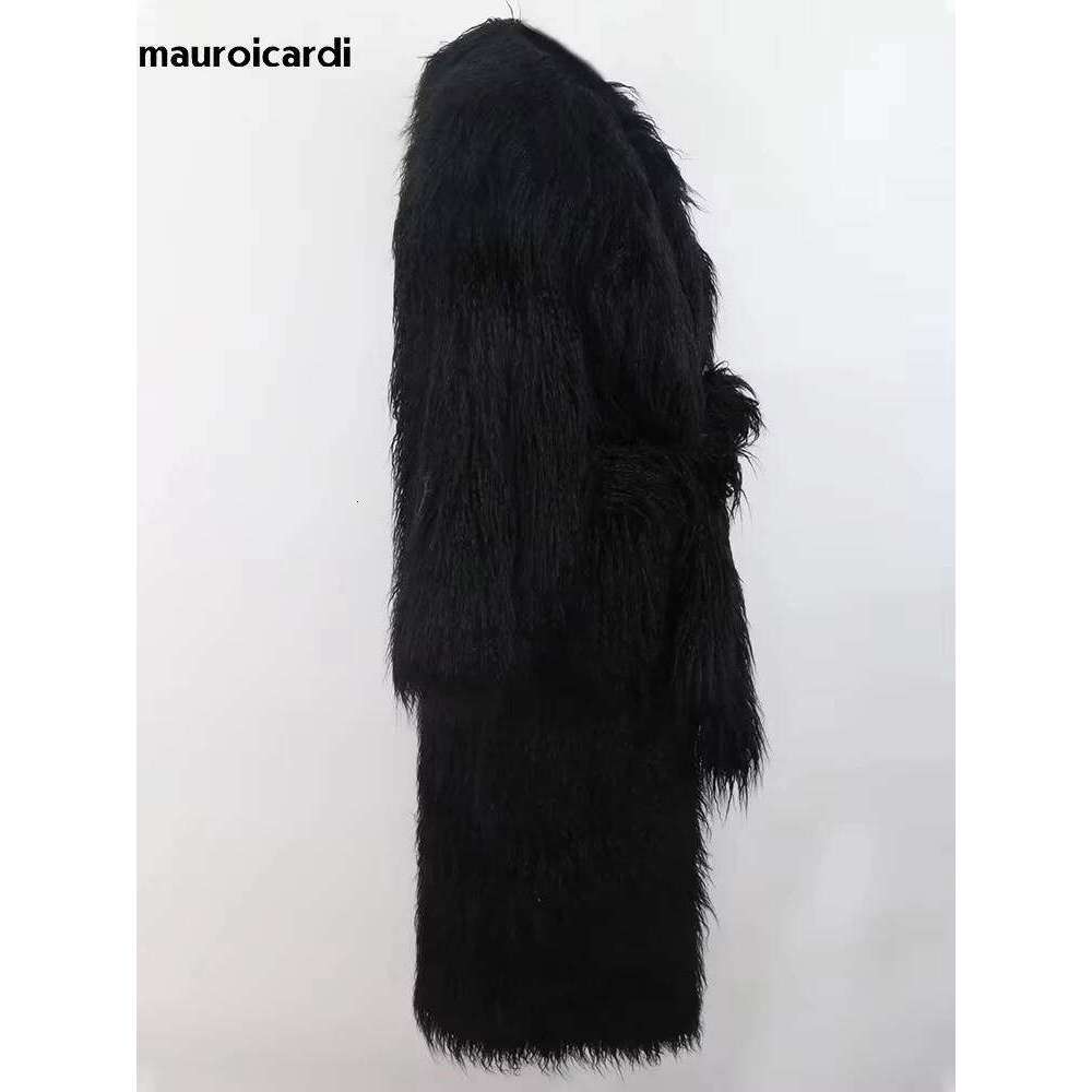 Mauroicardi Winter Long Thick Warm Shaggy Hairy Fluffy Faux Mongolian Fur Coat Women Sashes Elegant Chic Furry Overcoat