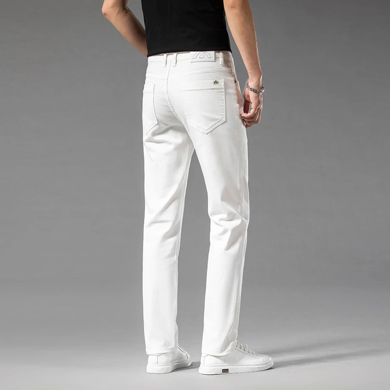 Summer 98% Cotton Mens Casual Jeans White Classic Fashionable Stretch Straight Denim Trousers Black Clothing Male 250614
