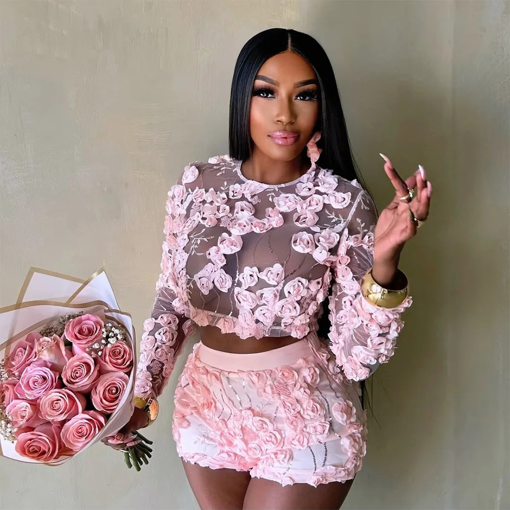 HBLL Sexy 3D Flower See Through Sequin Embroidery Crop Top and Shorts Pink 2 Pieces Set for Woman Summer Birthday Party Outfits 250613