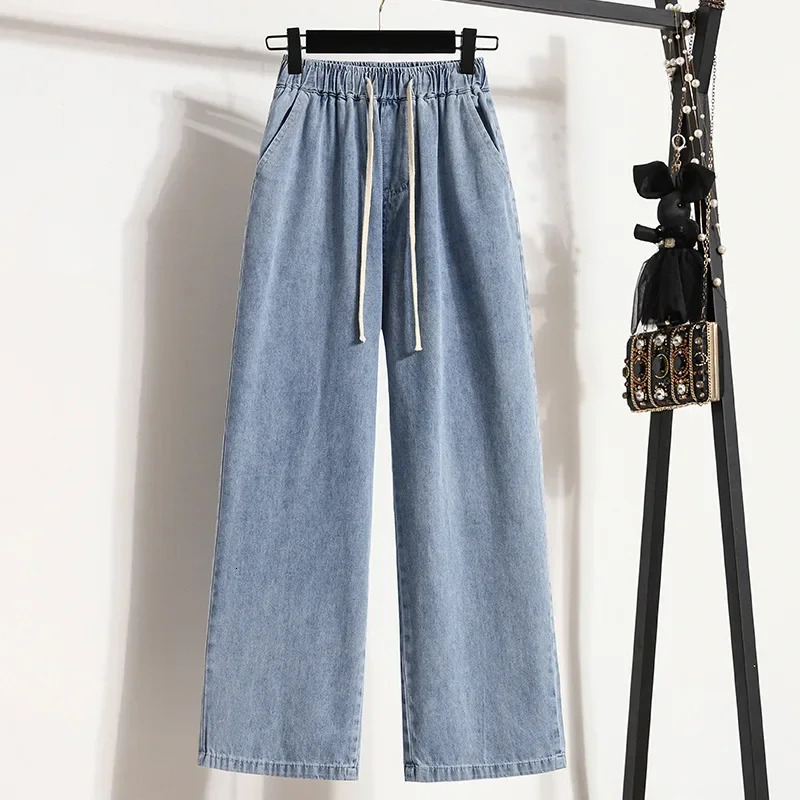 Plus Size High Waist Loose Straight Leg Jeans Womens Autumn Floor Length Drapey Wide Leg Pants Big Size 2024 Elegant Tro 250609