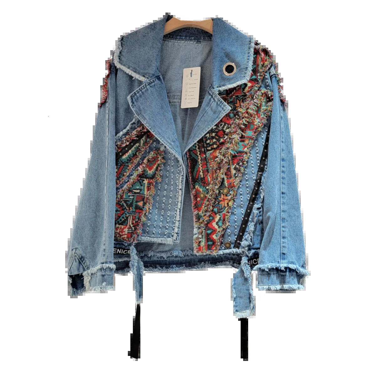 Women Spring Autumn Ethnic Geometry Floral Pattern Embroidered Suits Collar Denim Jacket Rivets Jeans Coat Cowboy Cardigan Tops 250613