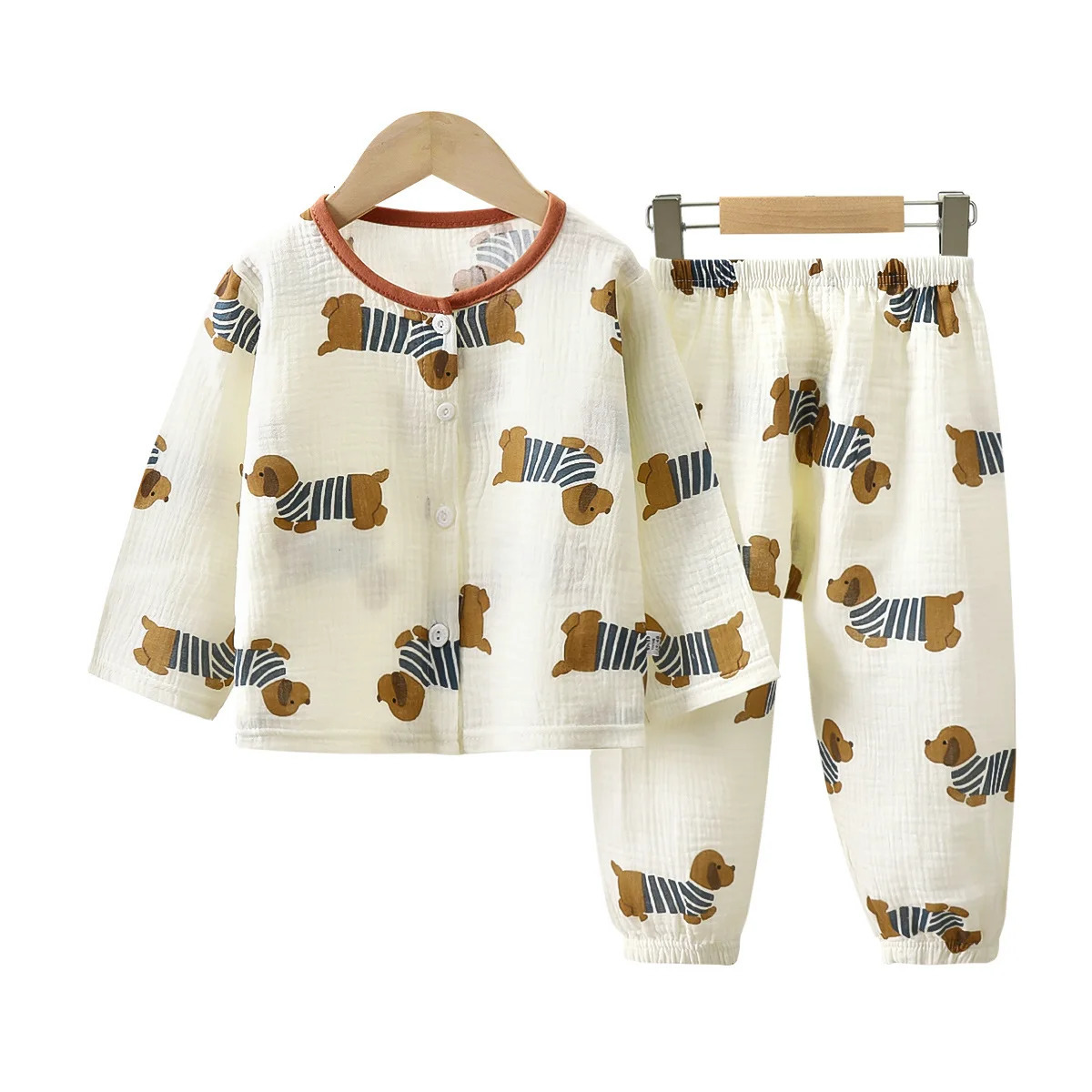 Girls Summer Cotton Gauze Thin Pajamas Home Wear Cartoon Floral Print Long Sleeve Lace Trimmed Sleepwear Baby Clothing Set 250617