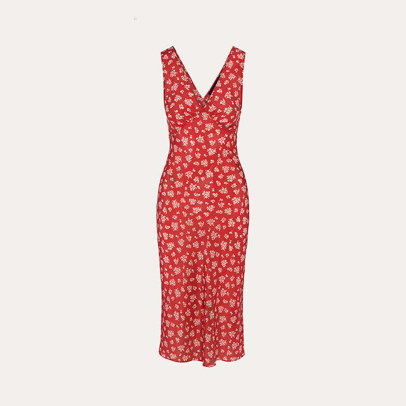 Vestidos De Noche Maxi Dress for Women 696 Silk Low-cut Deep V-neck Sleeveless Slim Fit Printed Asymmetrical Mermaid French Vacation Style Dress for W