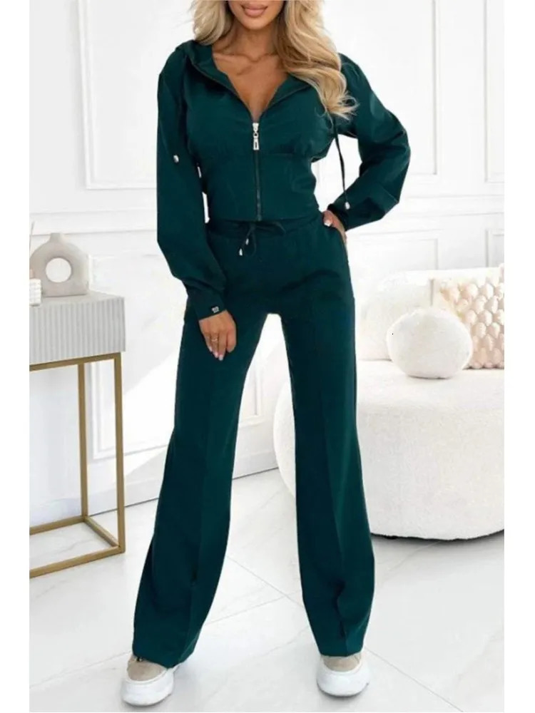 Autumn And Winter Hooded Zipper Jacket Tight Solid Color Two-piece Sets Women Fashion Casual Wide Leg Pants 2 Piece Set 250614
