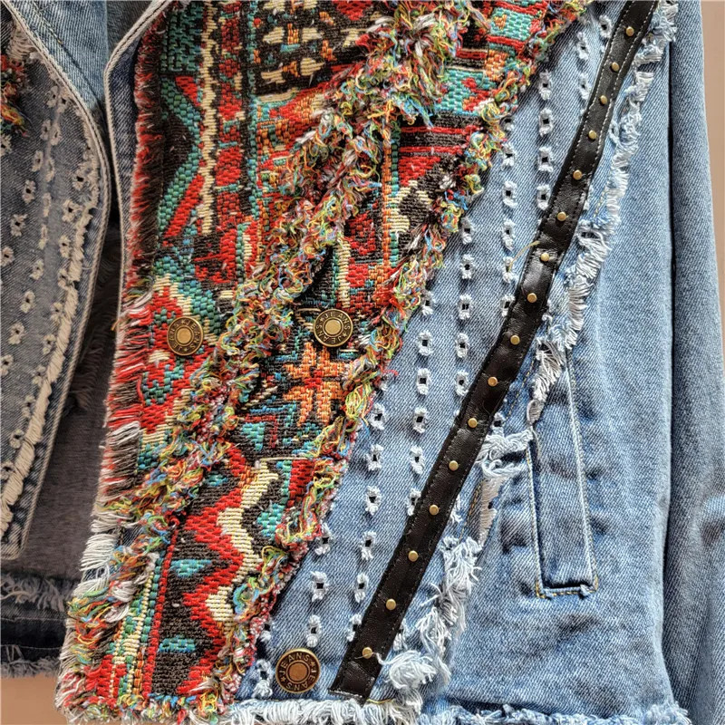 Women Spring Autumn Ethnic Geometry Floral Pattern Embroidered Suits Collar Denim Jacket Rivets Jeans Coat Cowboy Cardigan Tops 250613