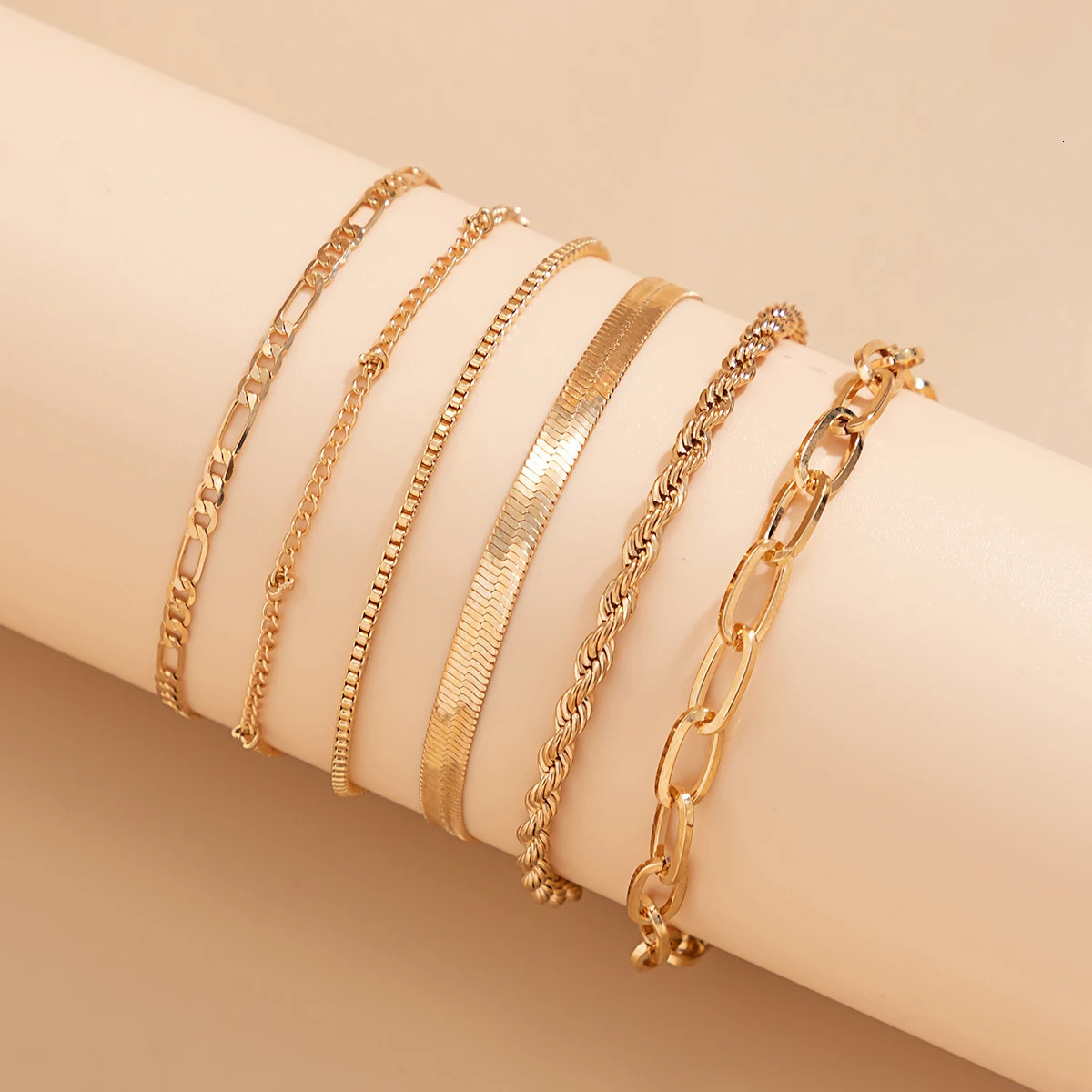 Salircon 6PcsSet Bohemian Twisted Flat Snake Chain Anklet For Women Summer Beach Vintage Foot Ankle Bracelet On Leg Jewelry 250606