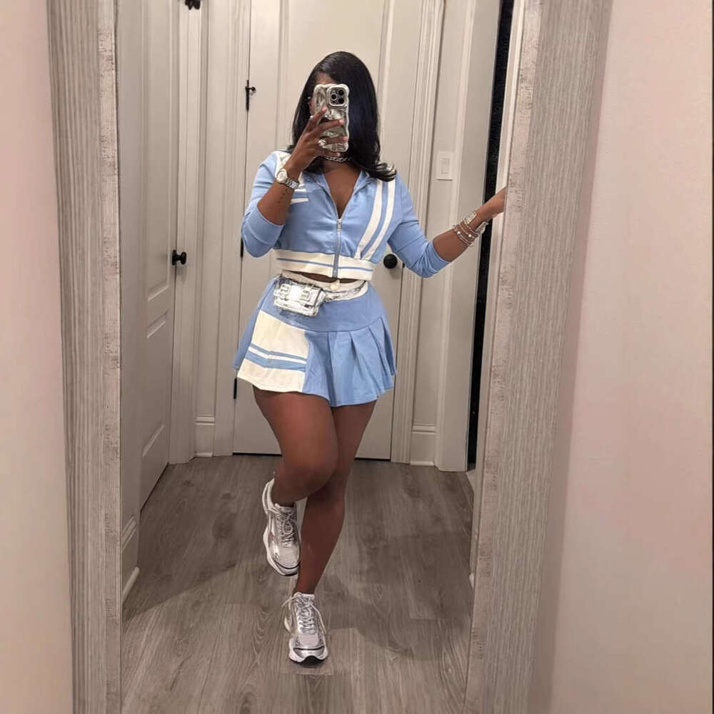 Spring Women's Street Style Color Block Jacket Top And Fashion Short Skirt Two-Piece Set For Women B5