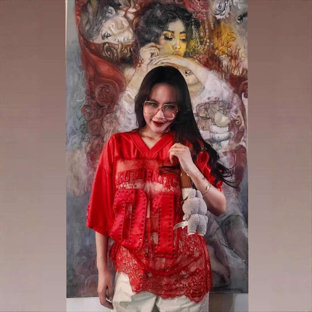 Autumn New Printed Loose Casual Street See-Through Sexy Lace Patchwork T-Shirt Short Sleeve Top B5