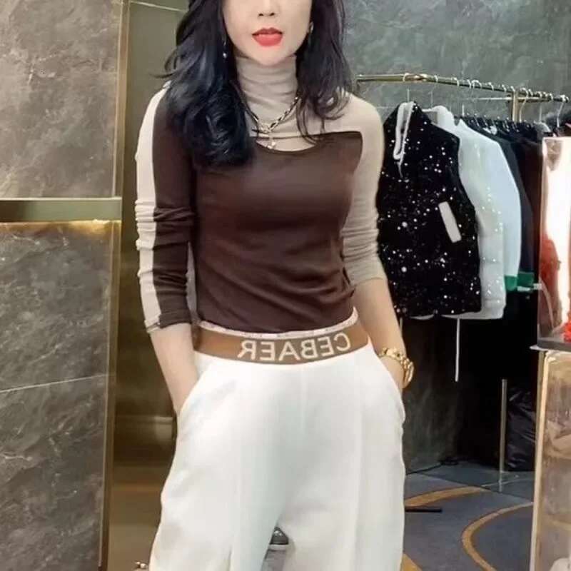 With Sleeves Womens Long Sleeve T-shirt Slim Turtleneck Top Female Korean Fashion Y2k Clothes 2025 High Quality Basic Tee Korea