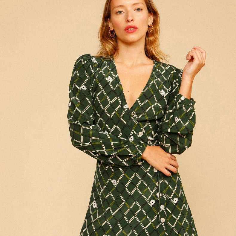 Luxury Dress Designer Dresses for Women 601 Spring Summer Liu Yifei Same Xu Hongdou 2025 Green Printed Short Long Sleeve Tea Dress French Style Women