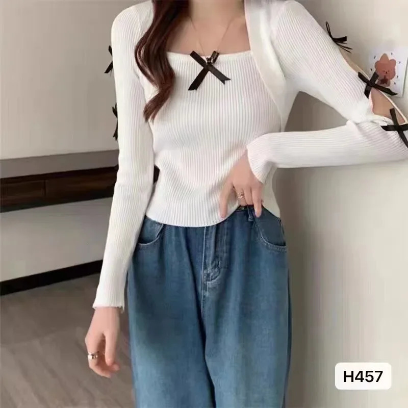 Autumn Pure Desire Aesthetic Korean Style Womens Clothing Solid Color Bow Hollow Long Sleeve Top Knitted Top 250614