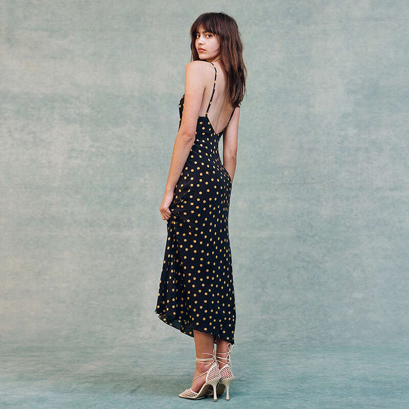 Birthday Dress Skirt Vestidos De Noche Black Dress 690 Silk Spaghetti Strap Low-cut Asymmetrical Long Backless Dress Printed French Vacation Style Fem