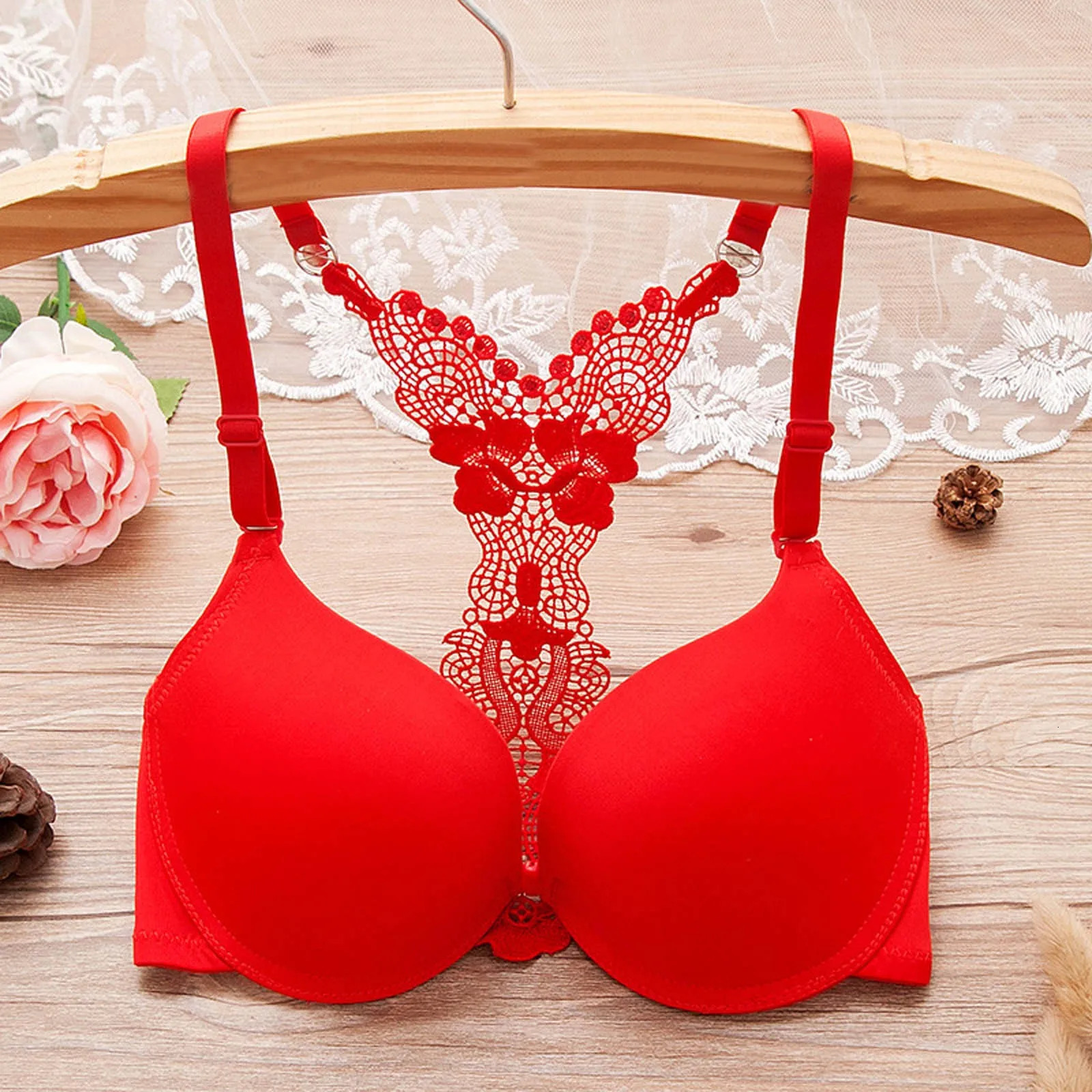 WomenS Bras Front Button Y-Shaped Butterfly Beautiful Back Gathered Sexy Bra With Steel Ring And Lace Adjustment Shockproof Bra 250617