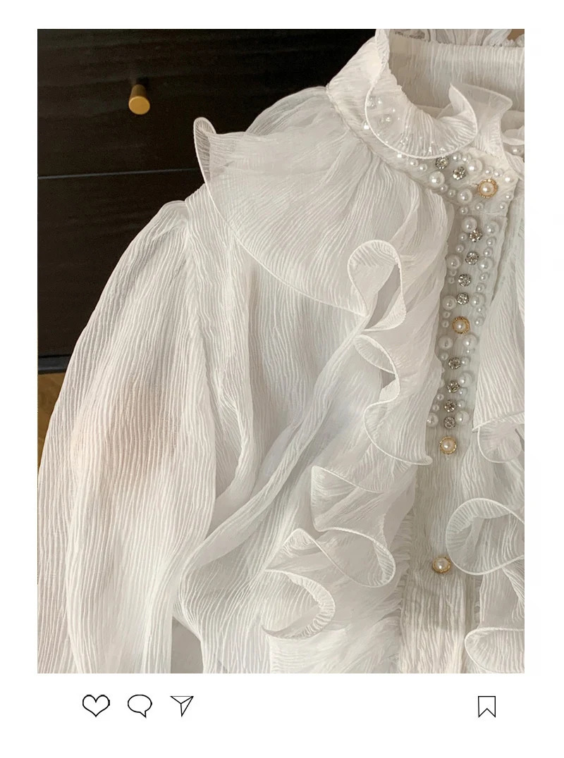 Pearls Women Blouse Ruffles Long Sleeve Stand Collar Court Single Breasted Autumn Senior Sheer Chic Tops 250617