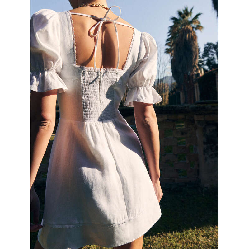 Clothes Women Designer 637N Spring Summer 2025 Solid Color Square Neck Linen Waist-cinching A-line Short Sleeve Dress Pure Desire French Style