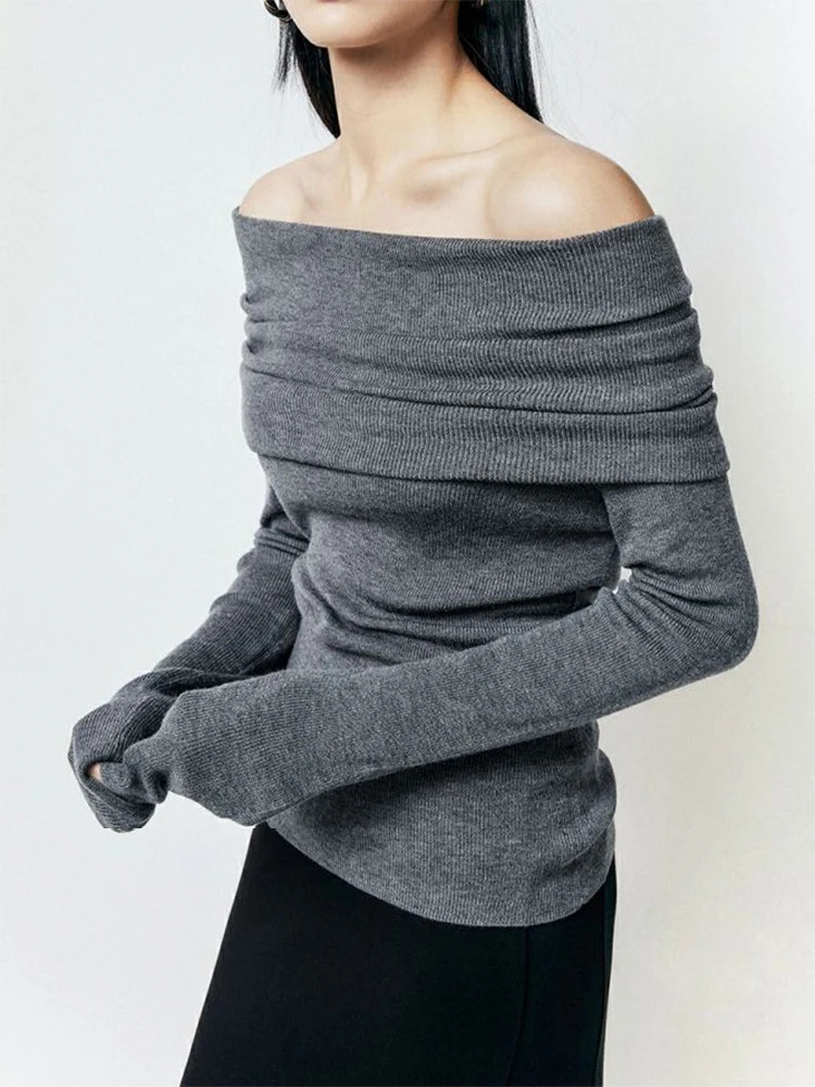 Slash Neck Sweater Women Tops Knitted Slim Basic All-match Sexy Elegant Off Shoulder Autumn Winter Long Sleeve Pullovers Female 250616