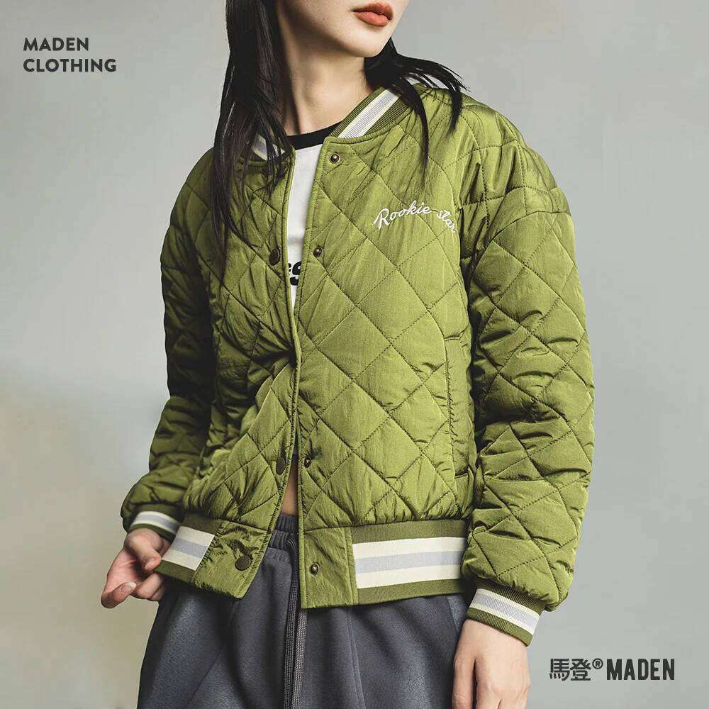 Maden New Retro Spliced Green Cotton-padded Dia-quilted Baseball Jacket Warm Women's Autumn and Winter Street Coat