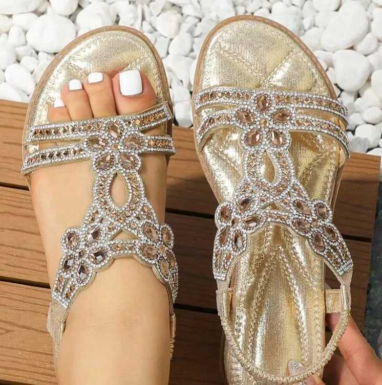 Women Flat Rhinestone Sandals Bohemian Sandals 2025 Summer New Non Slip Beach Elastic Low Heels Roman Sandals Womens Sandals Z250617
