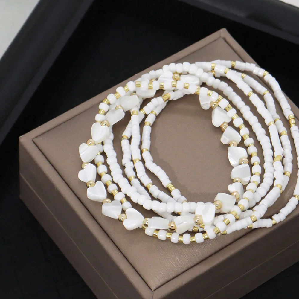 6pcs Set Of Delicate White Bead Heart Shell Handmade Beaded Elastic MultiLayer Bracelets For Valentines gift B082 250613