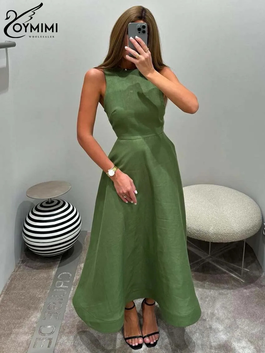 Oymimi Elegant Green Cotton Womens Dress Fashion O-Neck Sleeveless Dresses Casual High Waist A-Line Mid-Calf Dresses Female 250614
