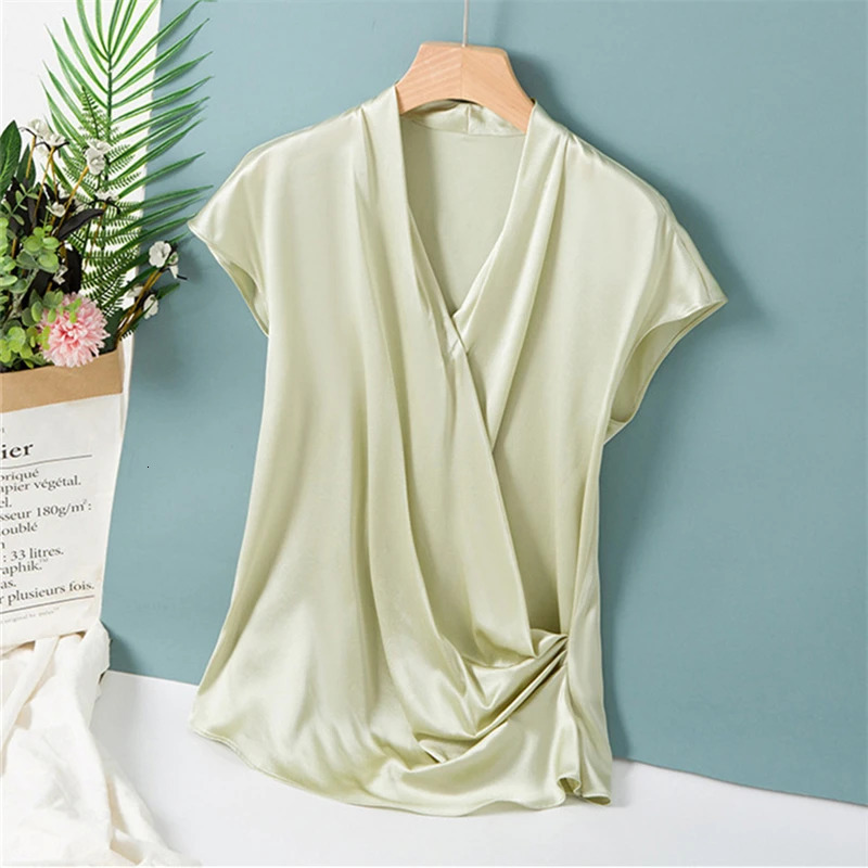 Elegant Satin Women Blouse Sexy V neck Office Ladies Blouses Shirts Casual Solid short sleeve Spring Summer Female Party Tops 250614