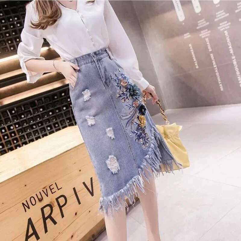 Female Jeans Skirts Fringe Midi High Quality Korean Style Streetwear New In Clothing Sales Vintage Casual Womens Denim Skirt