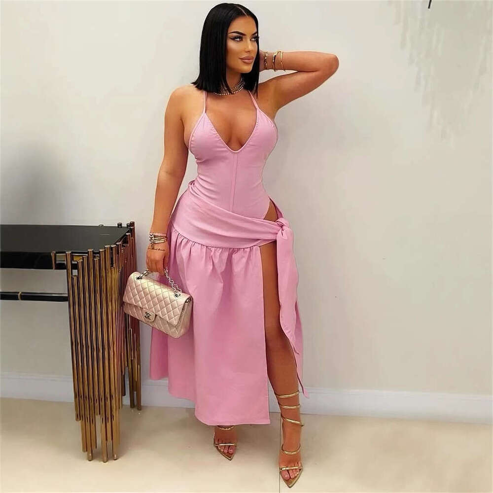 New Fashion Solid Color Slim Fit Sexy Deep V Tie Backless Split Long Strap Dress For Women B5