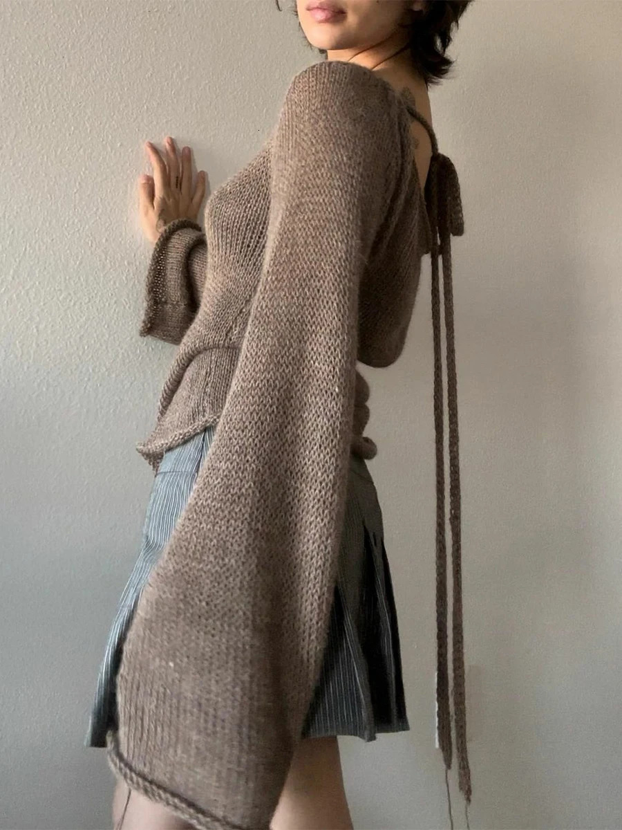 Retro Backless Tie Back Sweaters Knitted Sweater Women Bandage Jumpers Autumn Outfits Streetwear 250614