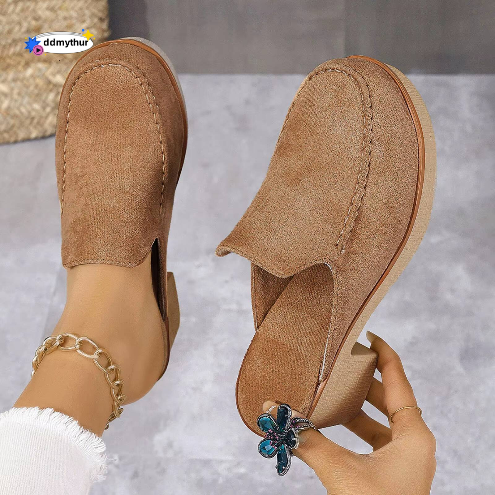 Vintage Womens Cute Summer Slip On Flock Casual Round Toe Square Heels Soft Bottom Small Heel Sandals For Women 2024 ddmythur