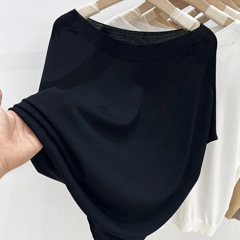 Simplicity Fashion Summer Thin Style Ice Silk T-Shirts Womens O-Neck Solid Screw Thread Casual Loose Short Sleeve Knitted Tops 250614