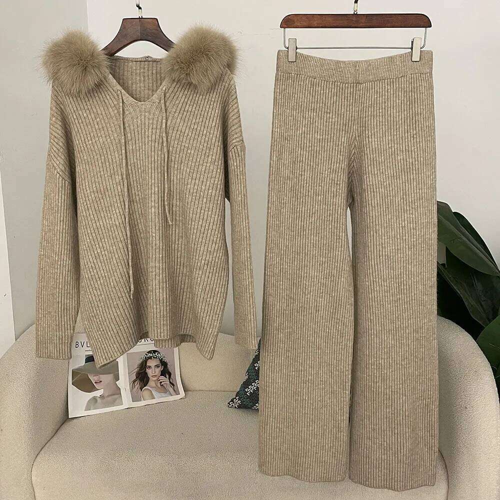 DEBAIFUR 2025 New Spring Woman Hooded Pullover Cashmere Splicing Natural Fox Fur Collar Outerwears Sweater Suit