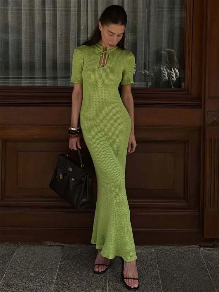 Tossy Knit Hollow Out Lace-Up Dress Female Ribbed Short Sleeve Patchwork High Waist Elegant Long Dress Womens Knitwear Dress 250616