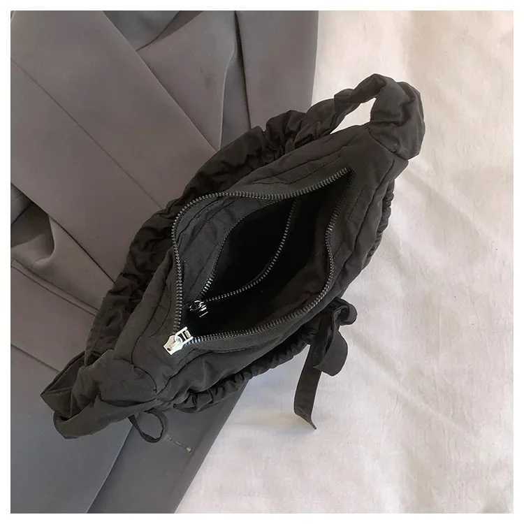 Pleated Strap Womens Sweet Bow Shoulder Bag Solid Color Female Underarm Bags Soft Nylon Ladies Portable Tote Purse Handbags Z250617
