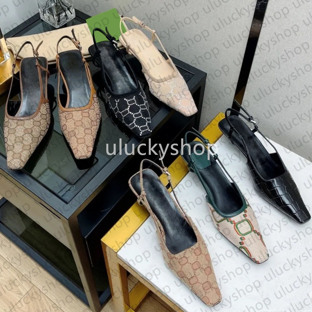 Designer women sandal Slingbacks high heels genuine leather formal shoes designer sandals high heel square toe ankle strap party shoes Print shoe 36-42