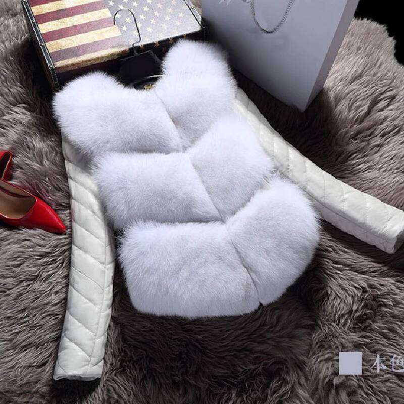 HJQJLJL 2022 Winter Removable PU Sleeve Faux Women Short Fluffy Fake Fur Outerwear Fashion Fuzzy Coat Overcoat