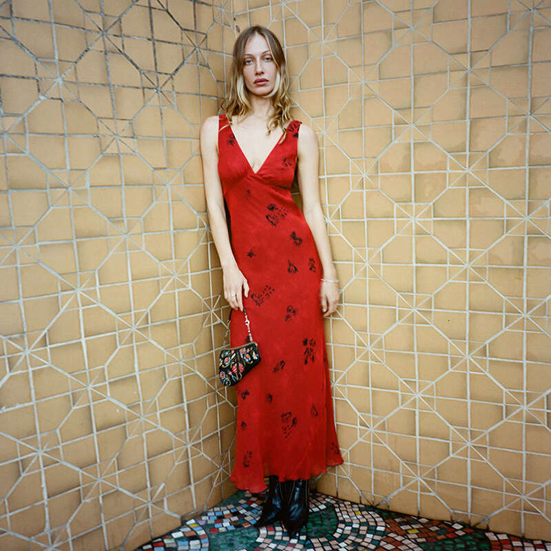 Black Dress Partydress Vestido De Mujer 828 Summer New 2025 Red Printed V-neck Slim Fit French Style Mulberry Silk Dress